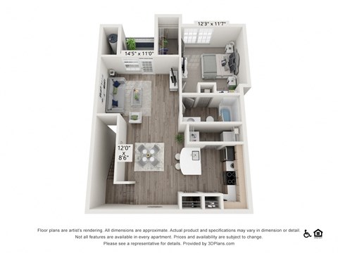 Floor plan for 1 bed, 1 bath, 852 sqft
